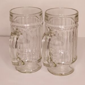 2/$30 Vtg Anchor Hocking Glass 10oz Footed & Ribbed Heavy Duty Handled Mugs